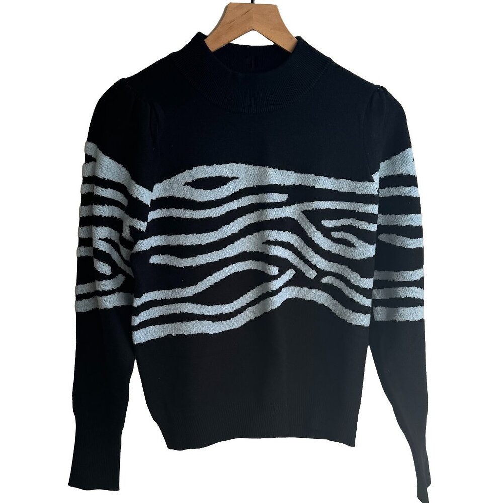 Wild Pony Super Soft Black + Light Blue High Neck Sweater Wave Design Size Small
